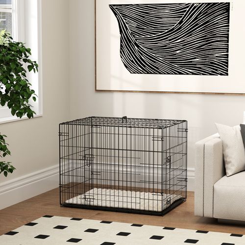 Cage Chien Pliable 2 Portes Plateau Coussin Beige Noir
