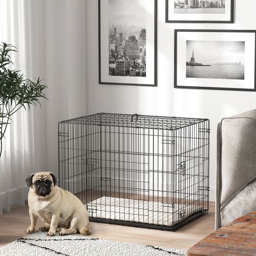 Cage Chien Pliable 2 Portes Plateau Coussin Beige Noir