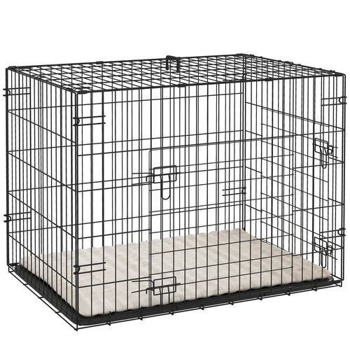 Cage Chien Pliable 2 Portes Plateau Coussin Beige Noir