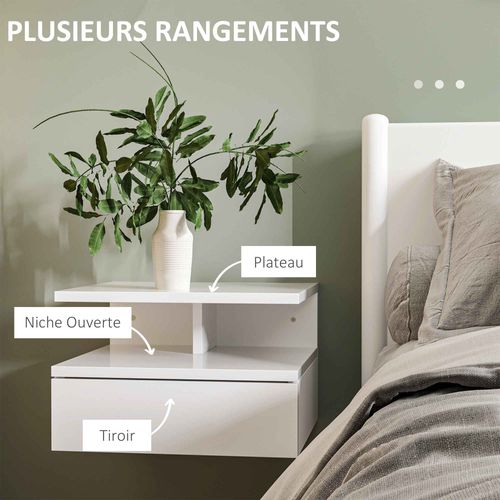 Lot De 2 Tables De Chevet Murales - Tiroir Coulissant, Niche, Plateau - Blanc