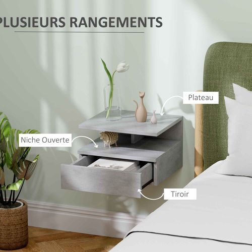 Lot De 2 Tables De Chevet Murales - Tiroir Coulissant, Niche, Plateau - Gris Ciment