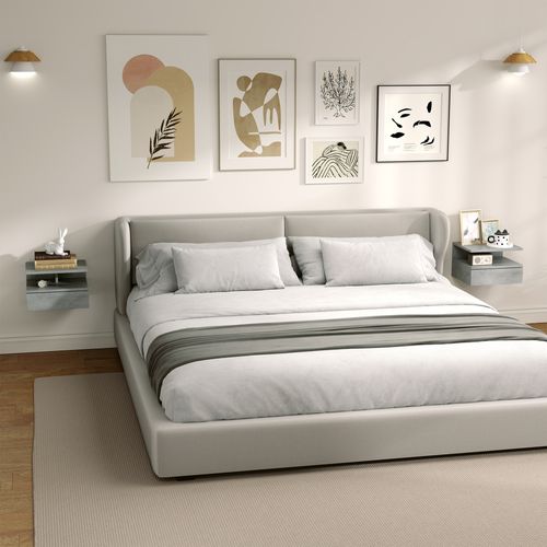 Lot De 2 Tables De Chevet Murales - Tiroir Coulissant, Niche, Plateau - Gris Ciment