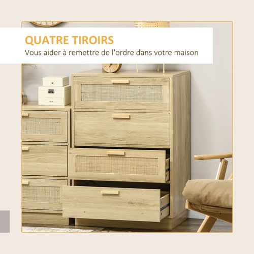 Commode 4 Tiroirs Style Bohème Cannage Rotin Effet Bois