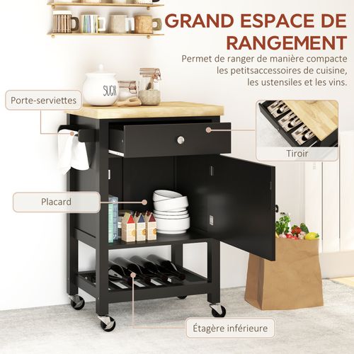 Desserte Cuisine Épais Plateau Bois Clair Noir Tiroir Placard Étagère