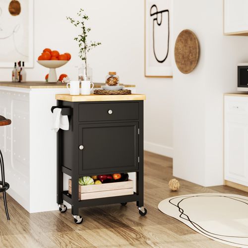 Desserte Cuisine Épais Plateau Bois Clair Noir Tiroir Placard Étagère