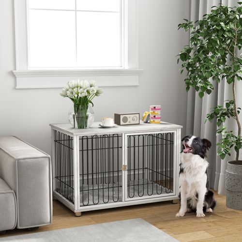 Cage Chien Avec Coussin - Porte Verrouillable - Effet Bois Gris