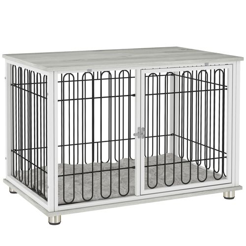 Cage Chien Avec Coussin - Porte Verrouillable - Effet Bois Gris