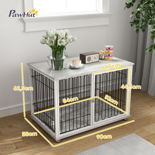 Cage Chien Avec Coussin - Porte Verrouillable - Effet Bois Gris