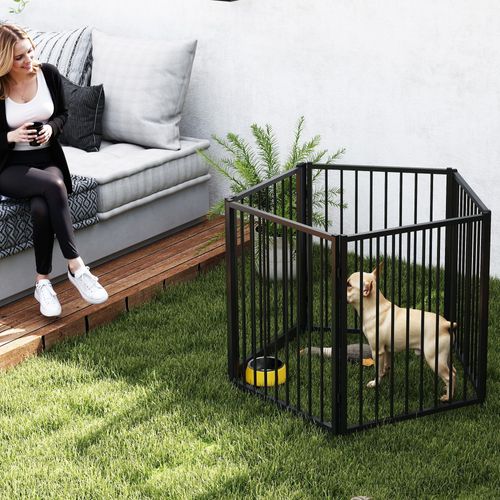 Parc Enclos Chien Modulable Pliable 5 Panneaux Porte Acier Noir