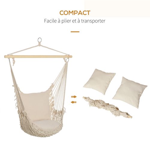 Chaise Suspendue - Coussin Rembourré - Bois Macramé Tissu Beige