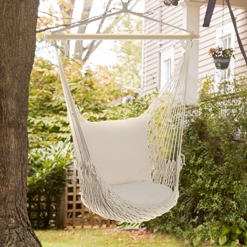Chaise Suspendue - Coussin Rembourré - Bois Macramé Tissu Beige