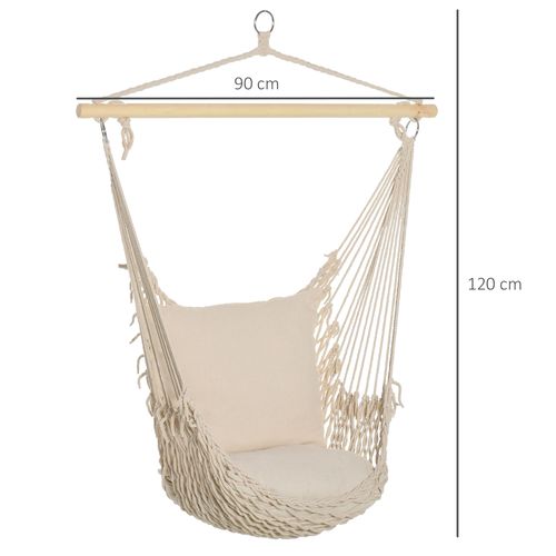Chaise Suspendue - Coussin Rembourré - Bois Macramé Tissu Beige