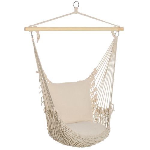 Chaise Suspendue - Coussin Rembourré - Bois Macramé Tissu Beige
