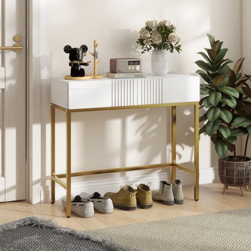 Console Style Art Déco - 2 Tiroirs - Acier Doré Blanc