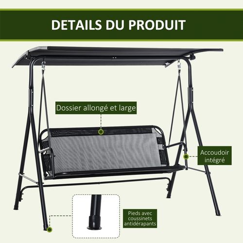 Balancelle De Jardin 2 Places - Toit Réglable - Acier Textilène Noir