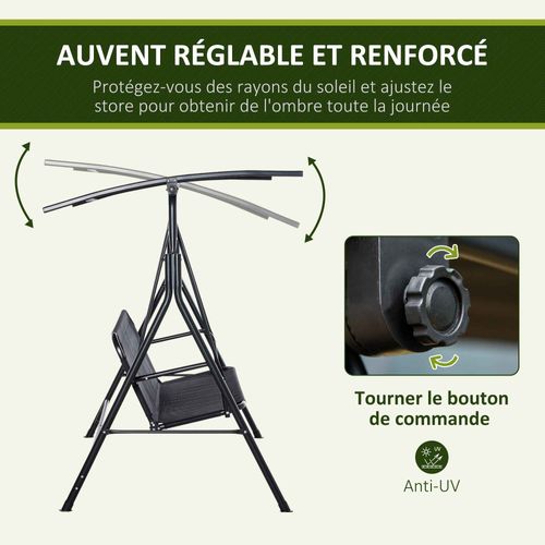 Balancelle De Jardin 2 Places - Toit Réglable - Acier Textilène Noir