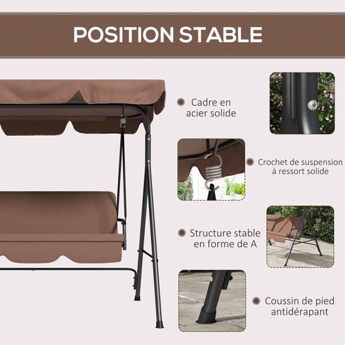Balancelle De Jardin 3 Places Toit Réglable Coussins Acier Polyester