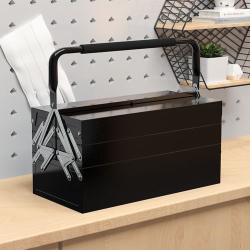 Caisse à Outils Métallique 3 Niv. 5 Plateaux Rétractables Tôle Acier Noir