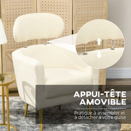 Fauteuil Cabriolet Design Bouclette Piètement Métal Doré Appui-tête