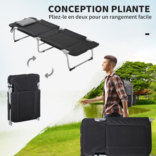 Lit De Camp Pliable Avec Matelas Grand Confort Métal Polyester Noir