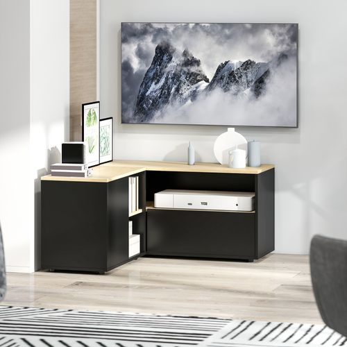 Meuble TV D'angle 2 Portes 3 Niches Aspect Bois Chêne Clair Blanc