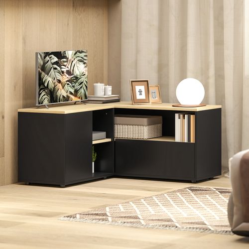 Meuble TV D'angle 2 Portes 3 Niches Aspect Bois Chêne Clair Blanc