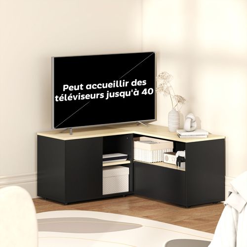 Meuble TV D'angle 2 Portes 3 Niches Aspect Bois Chêne Clair Blanc