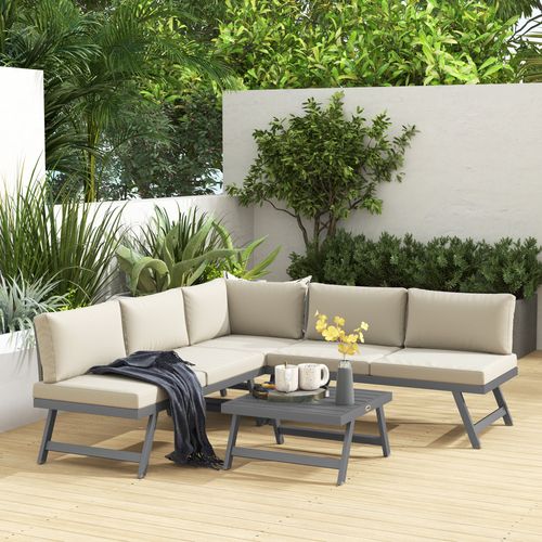 Ensemble Salon De Jardin Modulable 5 Personnes 4 Pièces Design Alu Gris Coussins Beige
