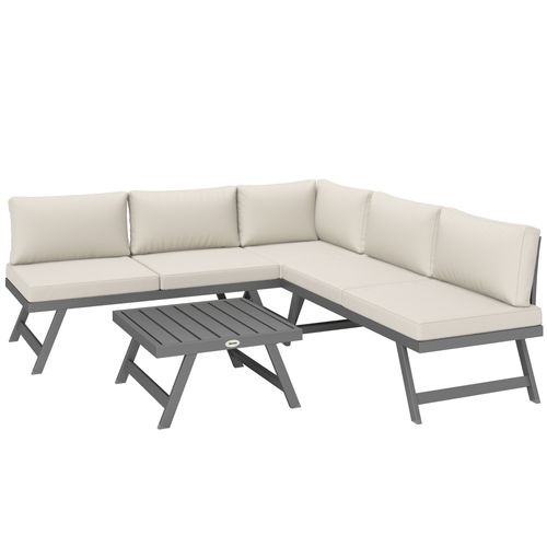 Ensemble Salon De Jardin Modulable 5 Personnes 4 Pièces Design Alu Gris Coussins Beige