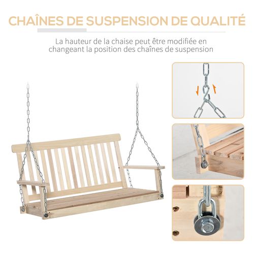 Banc Suspendu 2 Places En Bois Max. 200kg Chaînes Acier Galvanisé