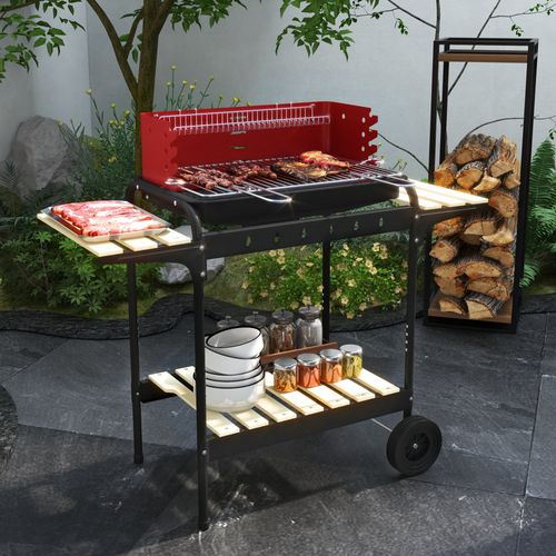 Barbecue à Charbon Réglable 2 Roues 3 Étagères Récupérateur Cendres