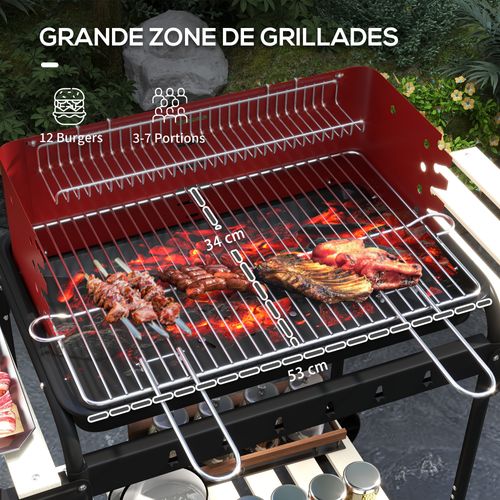 Barbecue à Charbon Réglable 2 Roues 3 Étagères Récupérateur Cendres
