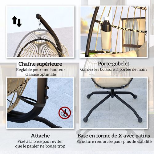 Fauteuil Suspendu - Panier Pliable - Épais Coussin - Acier Noir Résine Tissu