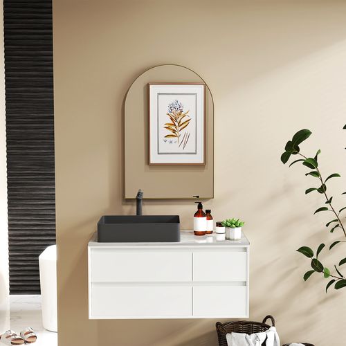 Miroir Mural Arqué 60 X 90 Cm Haute Définition Cadre Alliage Aluminium Doré