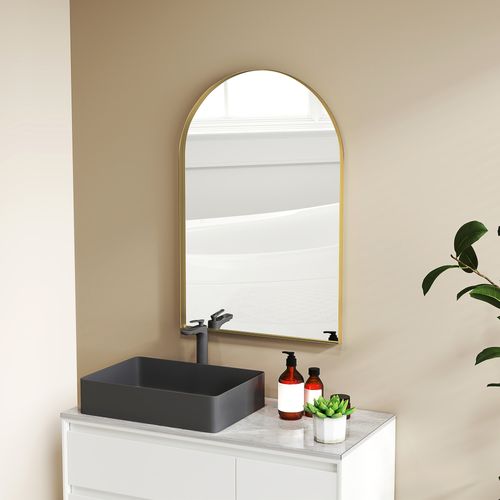 Miroir Mural Arqué 60 X 90 Cm Haute Définition Cadre Alliage Aluminium Doré