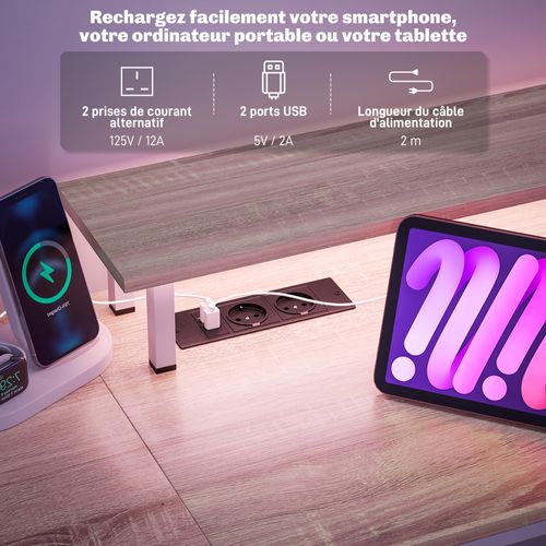 Bureau Informatique LED Prises Ports USB Support Écran 3 Niches 2 Tiroirs