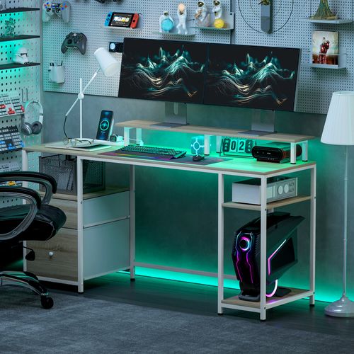 Bureau Informatique LED Prises Ports USB Support Écran 3 Niches 2 Tiroirs