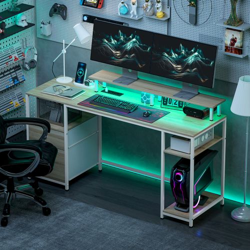 Bureau Informatique LED Prises Ports USB Support Écran 3 Niches 2 Tiroirs