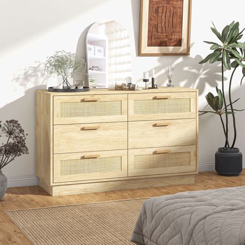 Commode 6 Tiroirs Style Bohème Chic Rotin Effet Bois Clair Naturel