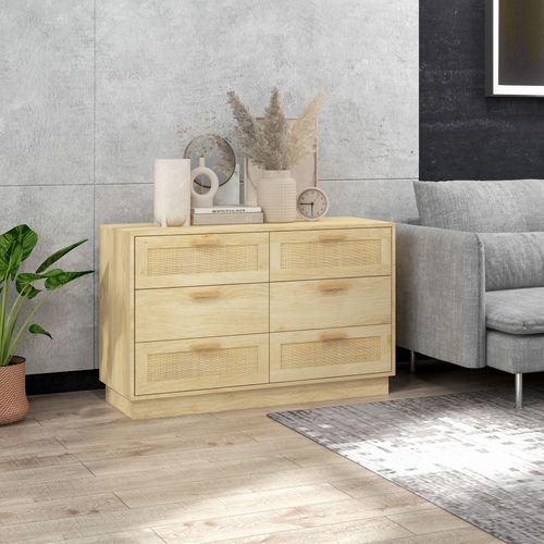 Commode 6 Tiroirs Style Bohème Chic Rotin Effet Bois Clair Naturel