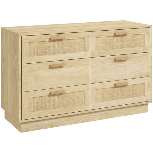 Commode 6 Tiroirs Style Bohème Chic Rotin Effet Bois Clair Naturel