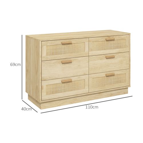 Commode 6 Tiroirs Style Bohème Chic Rotin Effet Bois Clair Naturel