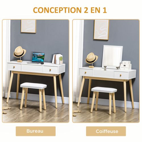 Coiffeuse Avec Tabouret Style Scandinave 2 Tiroirs Compartiment Miroir