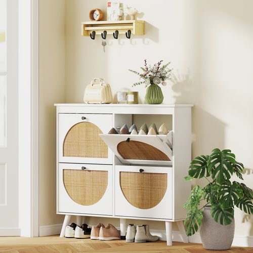 Meuble à Chaussures 4 Portes Abattantes Style Bohème Rotin Bois Aspect Bois