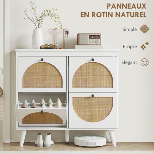 Meuble à Chaussures 4 Portes Abattantes Style Bohème Rotin Bois Aspect Bois