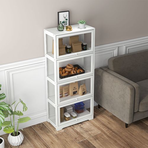 Vitrine Colonne 4 Niveaux 4 Portes Abattantes Mdf Blanc Acrylique Transparent