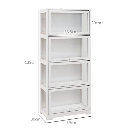 Vitrine Colonne 4 Niveaux 4 Portes Abattantes Mdf Blanc Acrylique Transparent