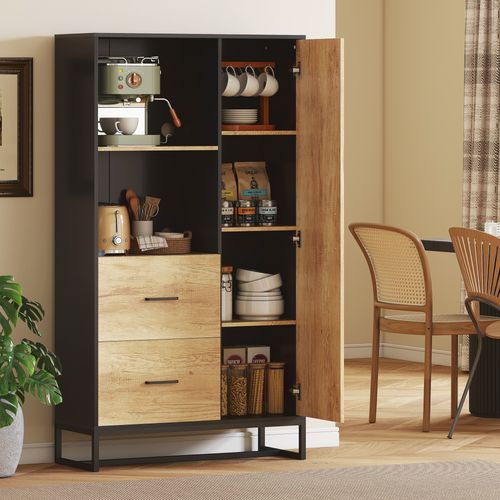 Buffet Haut Porte 3 Étagères 2 Tiroirs 2 Niches Acier Noir Aspect Chêne Clair