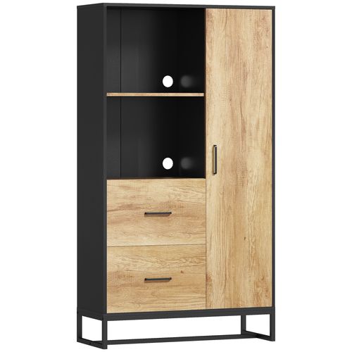 Buffet Haut Porte 3 Étagères 2 Tiroirs 2 Niches Acier Noir Aspect Chêne Clair