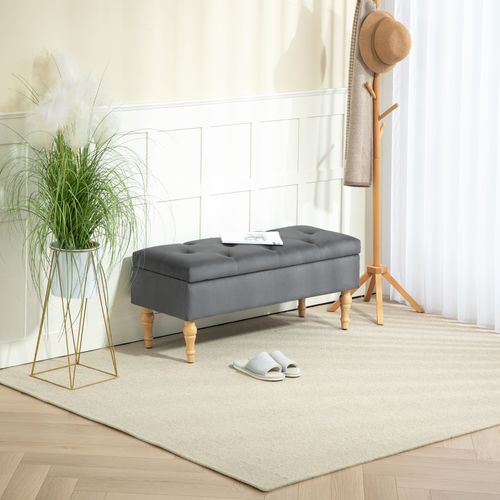 Banquette Coffre Style Baroque Bois Assise Effet Capitonné Velours Gris